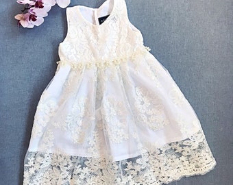 Ivory Lace Christening Gown • Organic Cotton Baptism Dress, Handmade