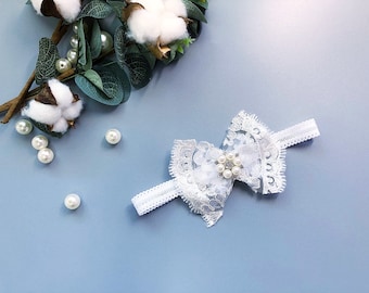 Baby Christening Headband • Ivory Lace Bow with Pearls & Rhinestones • Baptism Outfit Accessory • Newborn Gift