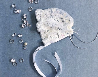 Handmade Lace Christening Bonnet • Satin Ribbon & Pearl Accent