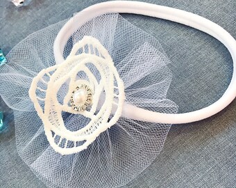 Dione flower lace headband, lace headband, infant headband, baby girl headband, baptism headband, christening headband, gorgeous headband