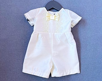 Silk baby boy's christening outfit, ivory church suit, baptismal boy's suit, infant baptism romper, baptism silk boy's outfit