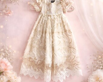 Lachesis Ivory Lace Christening Gown • Gold Feather Blessing Dress, Handmade
