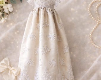 Ivory Satin Christening Gown • Lace Baptism Dress, Handmade