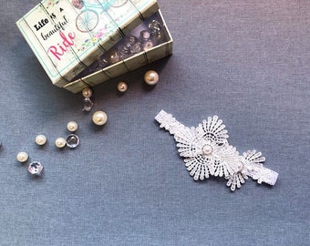 Baby Christening Headband • Off-White Lace Flower with Rhinestone Accent • Baptism & Special Occasion Gift