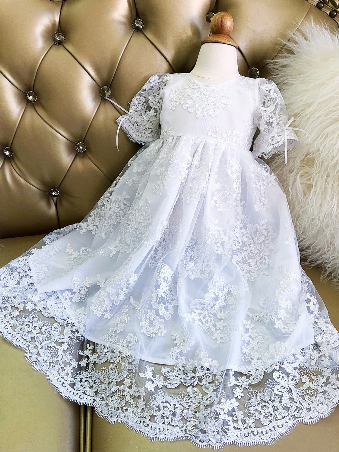 Off white satin and Embroidered tulle Christening/Baptism/Blessing gown ...