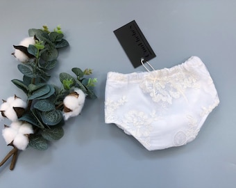 Baby Christening Bloomers • Organic Cotton Lace Diaper Cover • Baptism Outfit Accessory • Handmade Baby Gift
