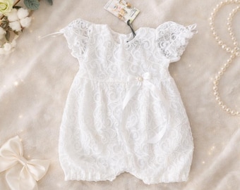 Baby Baptism Romper • White Lace Christening Outfit • Organic Cotton • Heirloom Blessing Outfit