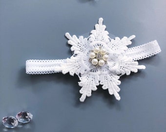 Baby Christening Headband • Lace Flower, Pearl & Rhinestone