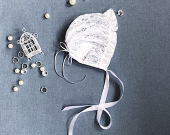 Baby Christening Bonnet • White Lace & Satin Ribbons • Baptism Hat Accessory • Newborn Gift