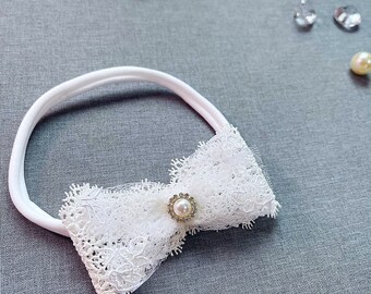 Lace Bow Christening Headband • Rhinestone & Pearl Baby Photo Prop