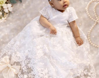 Theia Floral Lace Christening Gown • Organic Cotton Baptism Dress, Handmade