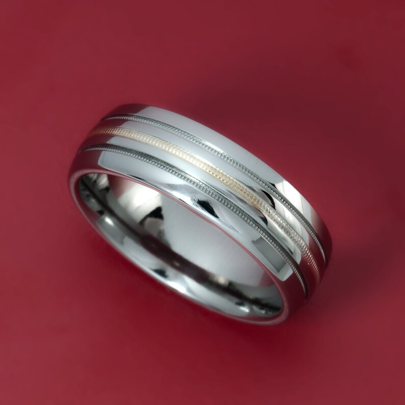 7mm Titanium Triple Bevel Men S Ring Or Band Gold Center Image 0