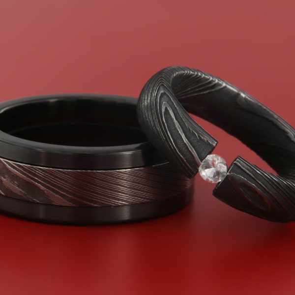 Authentic Damascus Steel Ring Set (Black Zirconium with Damascus Steel Inlay) His and Hers