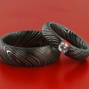 Authentic Damascus Steel Ring Set (Tension Set with White Sapphire) His and Hers