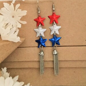 Americana Red, White & Blue Star Dangle Earrings, Multi Star Dangle Earrings, Red, White and Blue Triple Star Dangle Earrings with Tassels