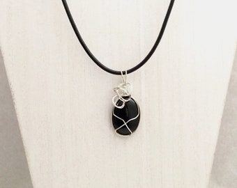 Black Onyx Pendant Necklace,Black Onyx Sterling Silver Wire Wrapped Pendant, Black Onyx Cabochon Pendant, Black Onyx Wrap with Leather Cord