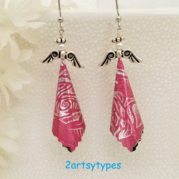 Pink Angel Dangle Earrings, Three Dimensional Angel Earrings, Recycled Material Angel Earrings, Pin Angel with Silver Design Earrings