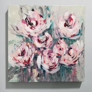 Floral Abstract Acrylic original painting &quot;Dusty Roses&quot; mixed media on canvas