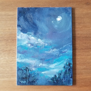 Original Oil Moon Painting - Landscape - small 5x7 artwork on canvas panel
