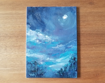 Original Ölgemälde Mond - Landschaft - kleines 13x20 Kunstwerk auf Panel-Leinwand
