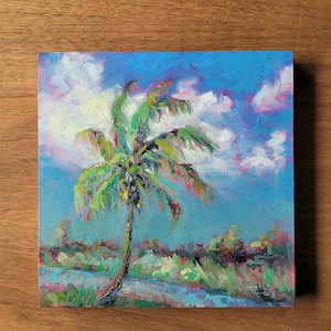 Palm Tree Painting, Original Oil painting - 8x8 cradled wood panel - Coconut Palm Waveland Beach