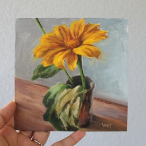 Mexican Sunflower Original Oil painting on small 6x6 gessobord