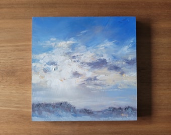 SPRZEDANE****Obraz na plaży, Zachód słońca, Oryginalny obraz olejny - Panel z drewna 8x8 - Niebo 13