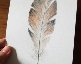 VERKOCHT ***Aquarel bruine veer origineel klein schilderij