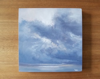 Stormy Beach Sky, Peinture à l’huile originale, huile 8x8 sur panneau de bois bercé - Skyscape 11 - Find The Peace, peinture de bord de mer