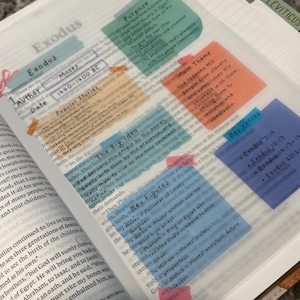 May include: Open Bible with the book of Exodus highlighted with colorful sticky notes. The notes contain text about the book's author, date, purpose, main theme, key figures, and key verses. The pages are open to a detailed study.