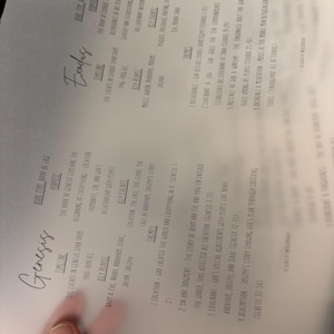 May include: A detailed page from a book, featuring the title "Genesis" in elegant script. The page is filled with text outlining timelines, key people, events, and themes related to the book of Genesis.