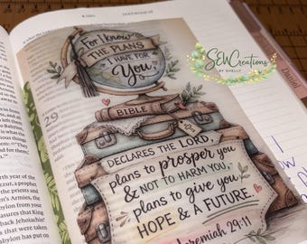 May include: A decorative Bible page with a watercolour illustration. The image features a globe, stacked vintage suitcases, and the text "For I know the plans I have for you." The quote from Jeremiah 29:11 is also visible.