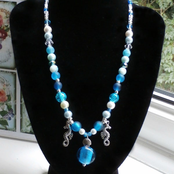 Seahorse Ocean Blue and Silver Necklace Glass Beads Tibetan Seahorse Charms Stretch Necklace