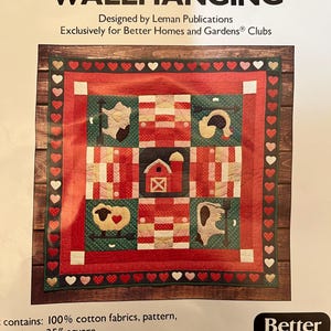 May include: A red, green, and white quilt pattern featuring a barn, sheep, a pig, and a cow. The quilt is surrounded by a border of red hearts. The text on the image reads "Barnyard Parcheesi Wallhanging" and "Designed by Leman Publications Exclusively for Better Homes and Gardens® Clubs".