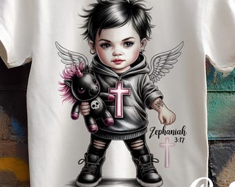Punk Christian Baby Bodysuit PNG design – Zephaniah 3:17 Scripture Tee, Faithwear (Digital Download)