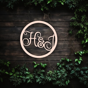 Monogramme en bois de mariage, signe de monogramme, signe d'initiales de mariage, signalisation de mariage, signes de toile de fond de mariage, initiales de couple, monogramme de mariage de cercle