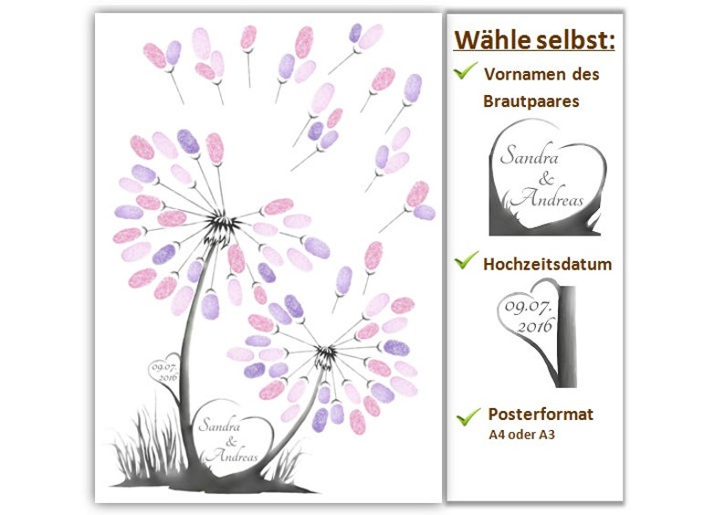 Wedding Tree Pusteblume, Hochzeit Gästebuch Blume, Weddingtree Blume, Fingerabdruckbaum Bild 1