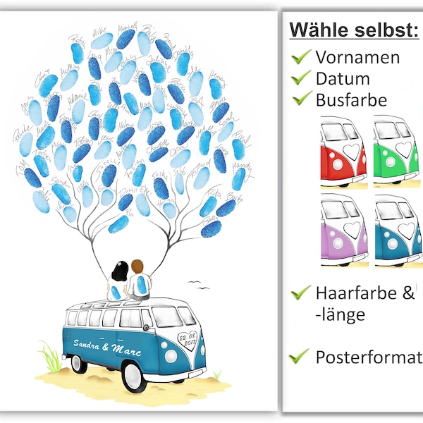 Hochzeit Geschenk personalisiert, wedding tree VW Bus Bulli, Hochzeitsgeschenk, weddingtree Gästebuch Fingerabdrücke, Fingerabdruckbaum