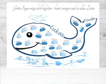 Regalo de bautizo con huella dactilar de ballena. Libro de visitas de ballena alternativo. Bautismo de niña y niño.