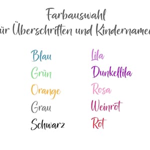 May include: Color chart for choosing font colors for headings and children's names. The colors are: blue, green, orange, gray, black, lilac, dark lilac, pink, burgundy, and red.