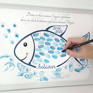 Kommunion Geschenk Fisch, Geschenk zur Kommunion Konfirmation, Erstkommunion Geschenk personalisiert, Gästebuch Fingerabdruck Fisch Junge