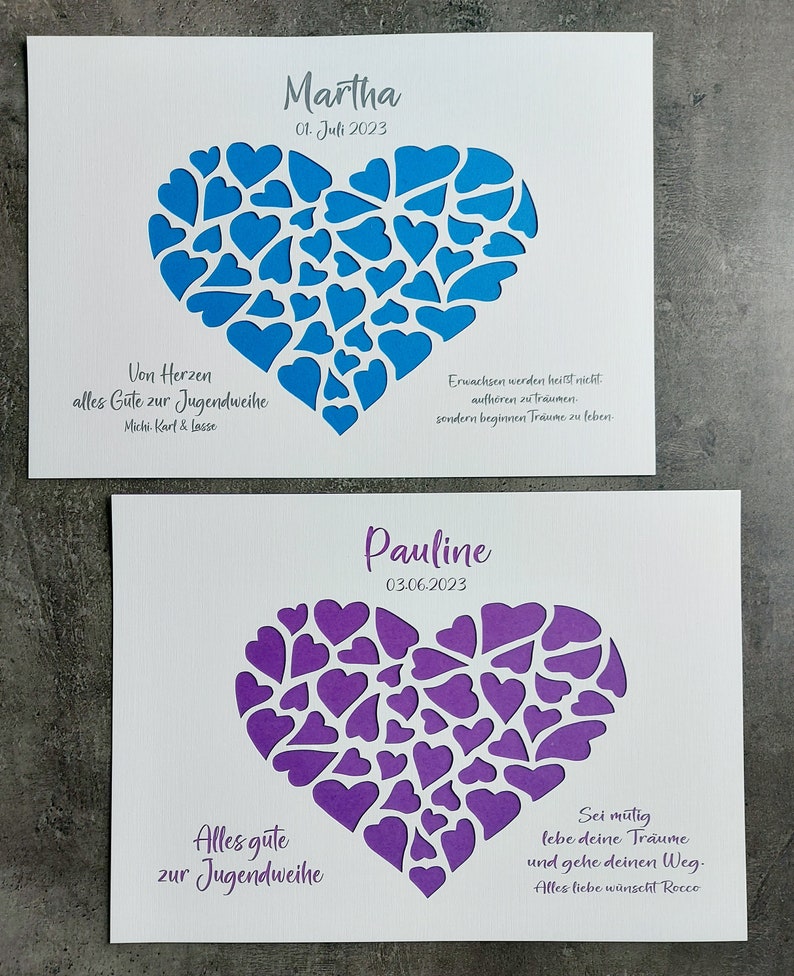 Puede incluir: Dos tarjetas blancas con corazones azules y morados recortados en el centro. Las tarjetas est&aacute;n decoradas con texto que dice "Martha 01. Juli 2023" y "Pauline 03.06.2023". El texto en las tarjetas tambi&eacute;n dice "Von Herzen alles Gute zur Jugendweihe Michi. Karl & Lasse" y "Alles gute zur Jugendweihe Sei mutig lebe deine Tr&auml;ume und gehe deinen Weg. Alles liebe w&uuml;nscht Rocco".