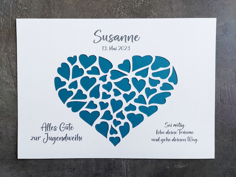 Puede incluir: Una tarjeta blanca con un coraz&oacute;n azul hecho de corazones m&aacute;s peque&ntilde;os. La tarjeta dice "Susanne" y "13. Mai 2023" en la parte superior. El texto "Alles Gute zur Jugendweihe" est&aacute; en la parte inferior izquierda y "Sei mutig, lebe deine Tr&auml;ume und gehe deinen Weg." est&aacute; en la parte inferior derecha.
