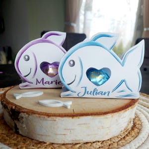 Gastgeschenk Taufe, Tischdeko Fisch Kommunion Konfirmation und Hochzeit, Namensschild Taufe personalisiert, Namenskarte, Namenschilder