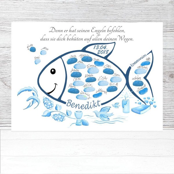 Kommunion Geschenk Fisch, Geschenk zur Kommunion Konfirmation, Kommunion Geschenk personalisiert, Gästebuch Fingerabdruck Fisch Junge