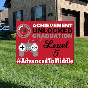 Achievement Unlocked 5th Grade Graduation Yard Sign, Video Gamer Class of 2024, Outdoor Decoration, Wire Stake Incl.