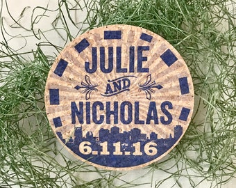 Navy Hatch Nashville Skyline Cork Coaster Wedding Favors // Personalized Wedding Reception Cork Coaster Favors for Guests