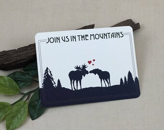 Navy Kissing Moose Join us in the Mountains Save the Date Postcards // Rustic Wedding Save the Date Postcards