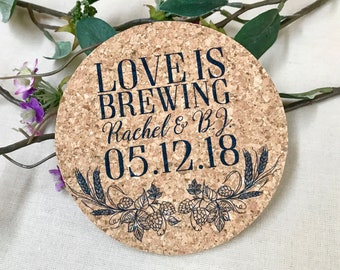 Love is Brewing Barley and Hops Wreath Cork Coaster, Wedding Favor Coaster, Save the Date Wedding Coaster, Handmade Wedding Favor for Guests