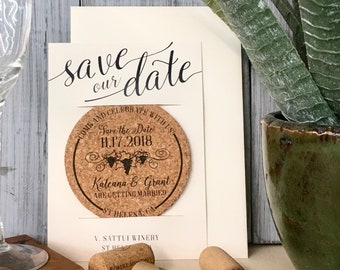 Grape Vine Wedding Cork Coaster, Themed Handmade Cork Coaster, Handmade Coaster Wedding Invite, Personalized Save the Date Wedding Coaster